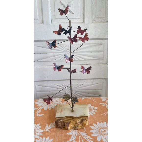 Vintage 1960's Table top Brutalist Metal Butterfly Sculpture Onyx Stone - Picture 14 of 14